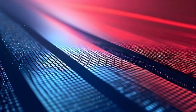 Abstract digital data streams, glowing red and blue, converging lines, technological background. - Powered by Adobe