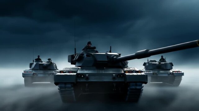 Three armored vehicles advancing in misty conditions