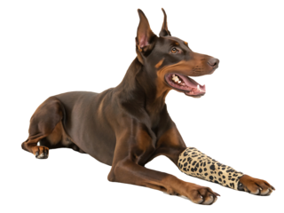 Elegant Brown Doberman Dog Resting with Leopard Print Bandage Posing for Pet Fashion Concept on Isolated Background