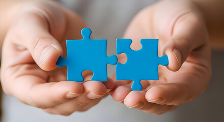Blue puzzle pieces held by two hands, connection concept
