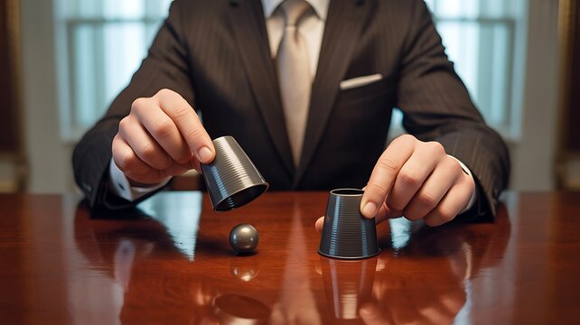 Businessman playing shell game showing fraud and deception concept
