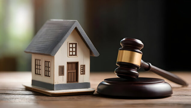 A miniature house model and a gavel symbolize real estate law, property disputes, and legal proceedings in a professional setting.