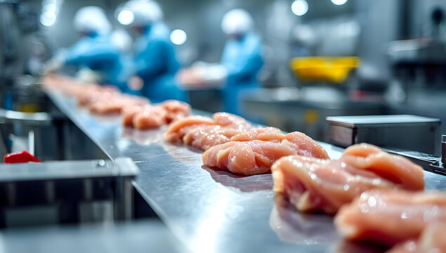 A modern poultry processing facility with raw chicken fillets arranged neatly on a conveyor belt, showcasing the efficiency and cleanliness of food processing.