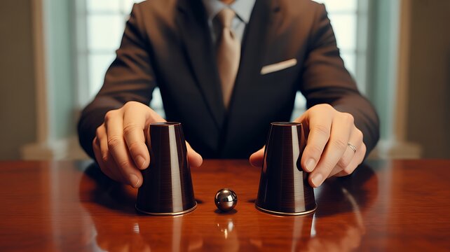 Businessman playing shell game showing fraud and deception concept
