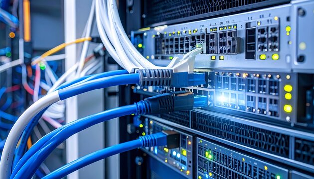 Close-up shot of network cables connected to servers in a data center with blue lights