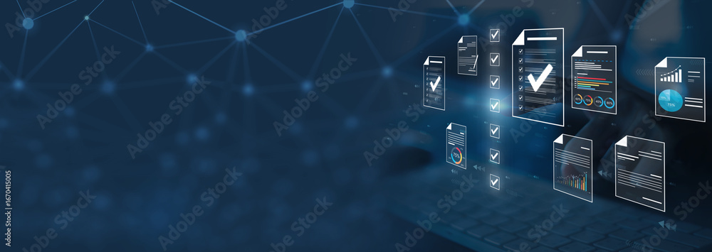 Aufkleber document management concept, check electronic documents on digital documents on virtual screen docum