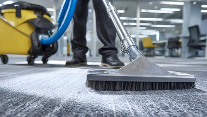 Fototapeta premium A professional cleaner using a vacuum on carpeted office floors, emphasizing cleanliness and maintenance in a modern working environment.
