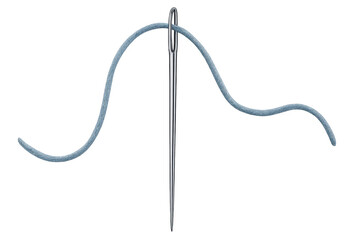 Needle threading blue thread on transparent background