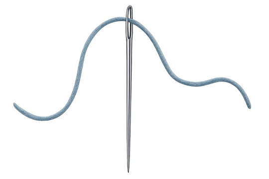 Needle threading blue thread on transparent background
