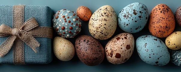 Easter eggs and gift box arrangement with textured decorations