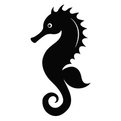 Black silhouette of a seahorse with curled tail white background