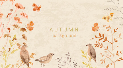 watercolor invite card with dry brown grass, autumn wild herbs and little brown birds.