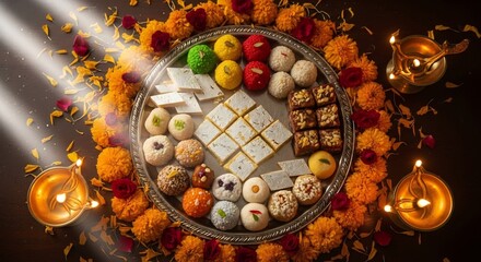 Diwali sweets arrangement with flowers and diyas, perfect for festive greetings, invitations, or event promotions. Indian sweets, holiday celebrations.