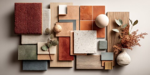 Interior design mood board featuring earthy color palettes, tile, wood, textiles, and plants for architectural presentation