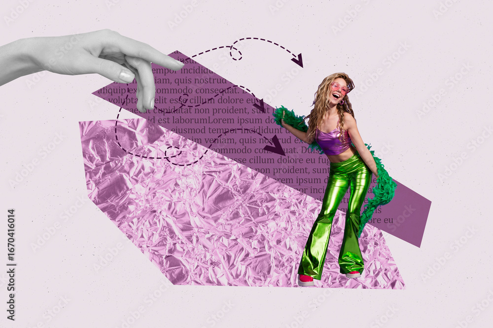 Poster contemporary image art collage of happy girl guy stand text piece arrow networking pointer message c