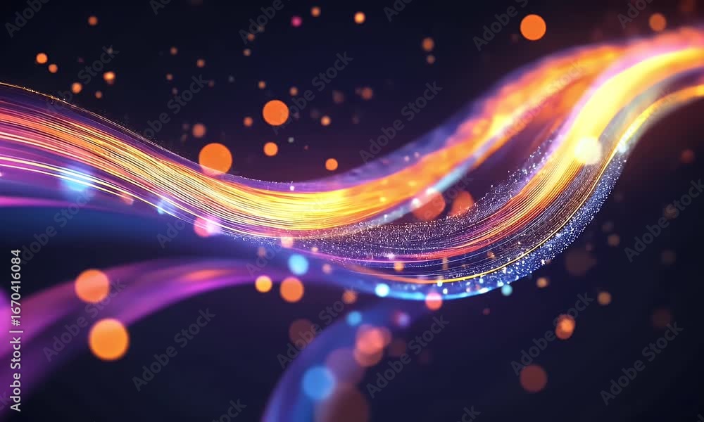 Poster 3d render, abstract background with colorful glowing light waves and wavy ribbons on a black backgro