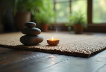 Zen Stones, Candle, and Green Plants for Serene Meditation