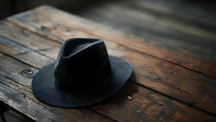 A stylish black hat rests on a rustic wooden table, creating a visually appealing contrast and showcasing a blend of fashion and simplicity in daily life.