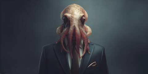 A surreal representation of a business figure with an octopus head, blending elements of corporate culture with imaginative artistry and uniqueness.