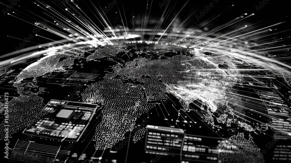 Poster global network connection: abstract visualization of data transmission across the world in black and
