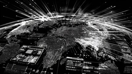 Global Network Connection: Abstract Visualization of Data Transmission Across the World in Black and White