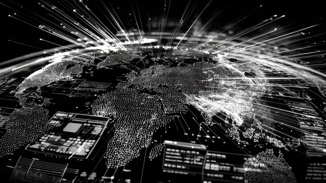 Global Network Connection: Abstract Visualization of Data Transmission Across the World in Black and White
