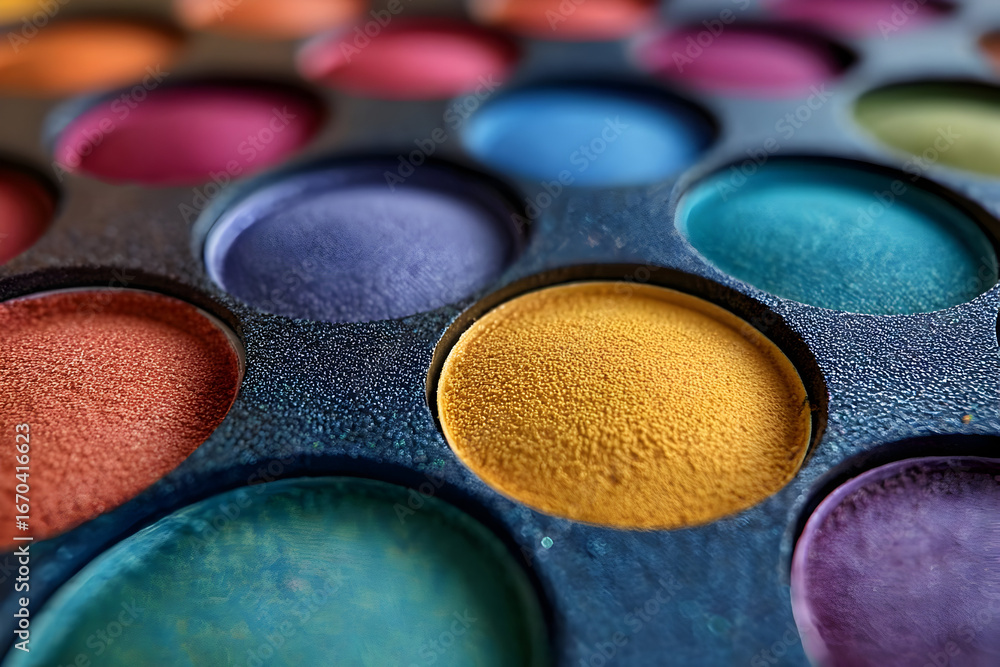 Poster a vibrant close-up of a palette with various colorful paints, showcasing a spectrum of hues and text