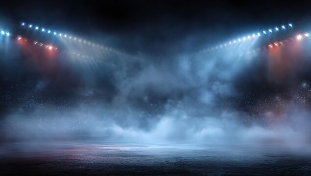 Stadium spotlights illuminate the empty arena floor shrouded in mist and dramatic lighting