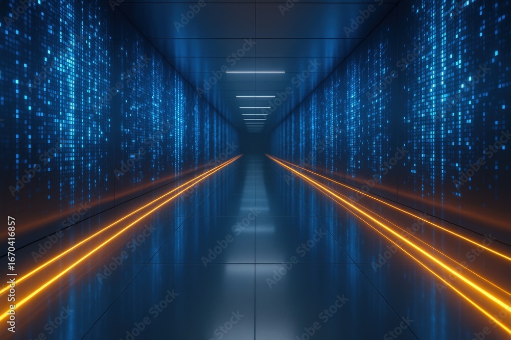 Poster futuristic data hallway with binary code and glowing lines, ideal for technology and innovation conc