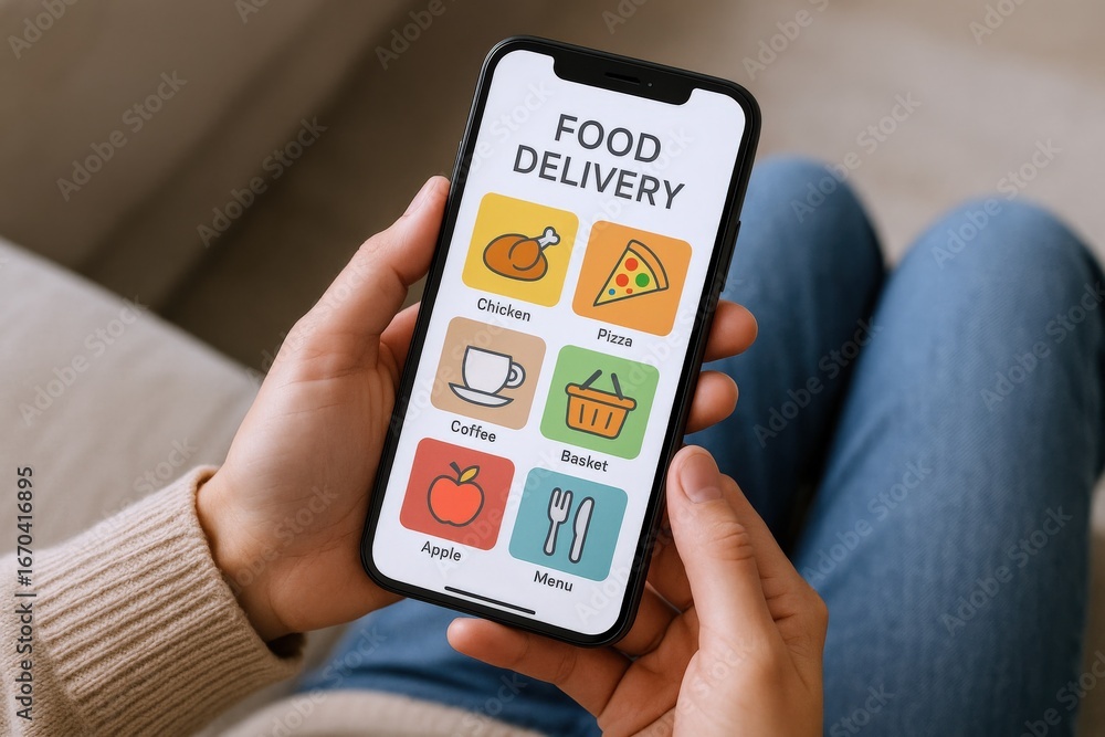 Poster person using a mobile app for ordering food delivery at home with various options