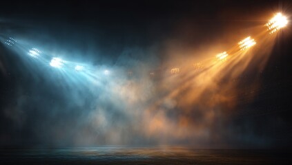 Stadium spotlights illuminate the fog, creating intense blue and golden glows across the field