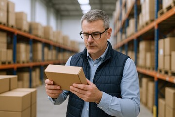 Focused Warehouse Manager Inspecting Package Quality in Distribution Center Aisle with Shelves Full of Boxes