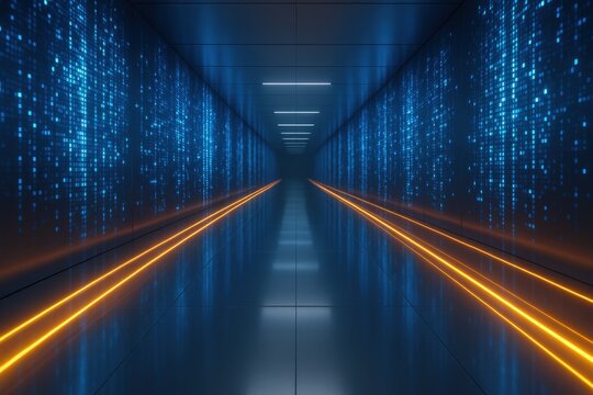 Futuristic Data Hallway with Binary Code and Glowing Lines, Ideal for Technology and Innovation Concepts - Powered by Adobe