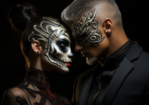 Glamorous stylish couple in masks dance at cornovale or halloween.