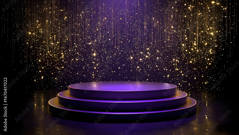 Poster a vibrant stage backdrop featuring shimmering gold sequins reflecting light, creating an enchanting 