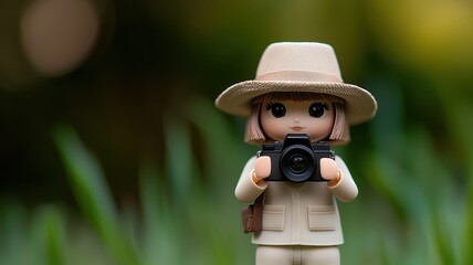 Wildlife photographer doll, capturing images of animals in the wild, nature setting, 3D illustration