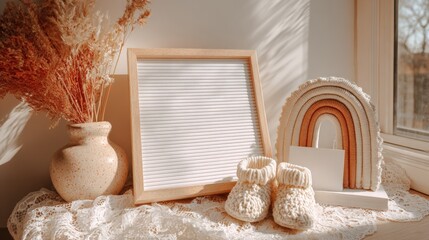Neutral Baby Announcement Mockup with Frame, Knitted Booties, and Pampas Grass by Window