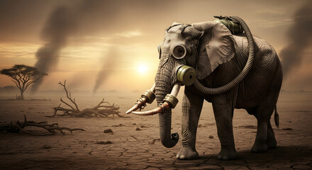 Fototapeta premium Elephant in a Gas Mask A Stark Warning of Environmental Crisis and Pollution