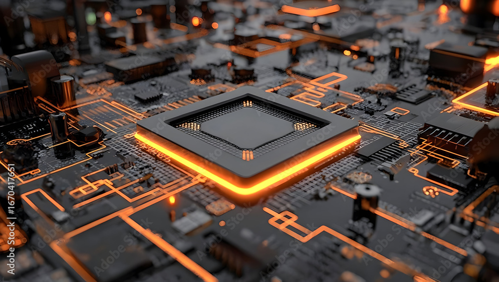Poster close-up view of a modern circuit board featuring intricate details, glowing elements, and a central