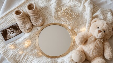Expecting Baby Announcement Mockup Featuring Neutral Baby Booties, Teddy Bear, and Ultrasound on White Blanket