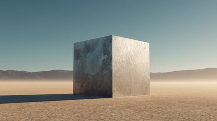 Monolithic Metallic Cube Stands Alone in Arid Desert Landscape Under Blue Sky