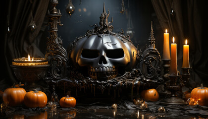 Halloween is an autumn holiday with scary images of pumpkins and scarecrows.
