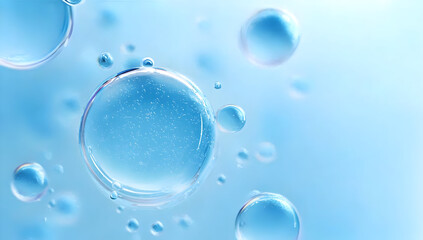 Close-up of water droplets floating on a smooth blue background, showcasing the beauty and clarity of water in an artistic and serene manner.