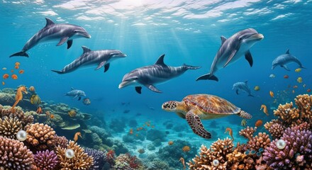 Vibrant Coral Reef Underwater Scene with Dolphins and Turtles