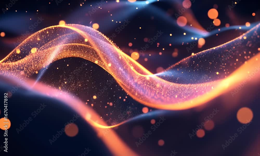 Poster 3d render, abstract background with colorful glowing light waves and wavy ribbons on a black backgro