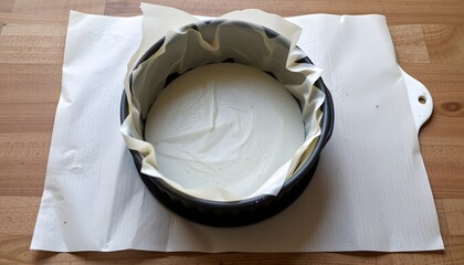 Cake Pan Ready: Overhead shot of a meticulously prepared cake pan, lined with baking paper, awaiting the creation of a delicious culinary masterpiece.