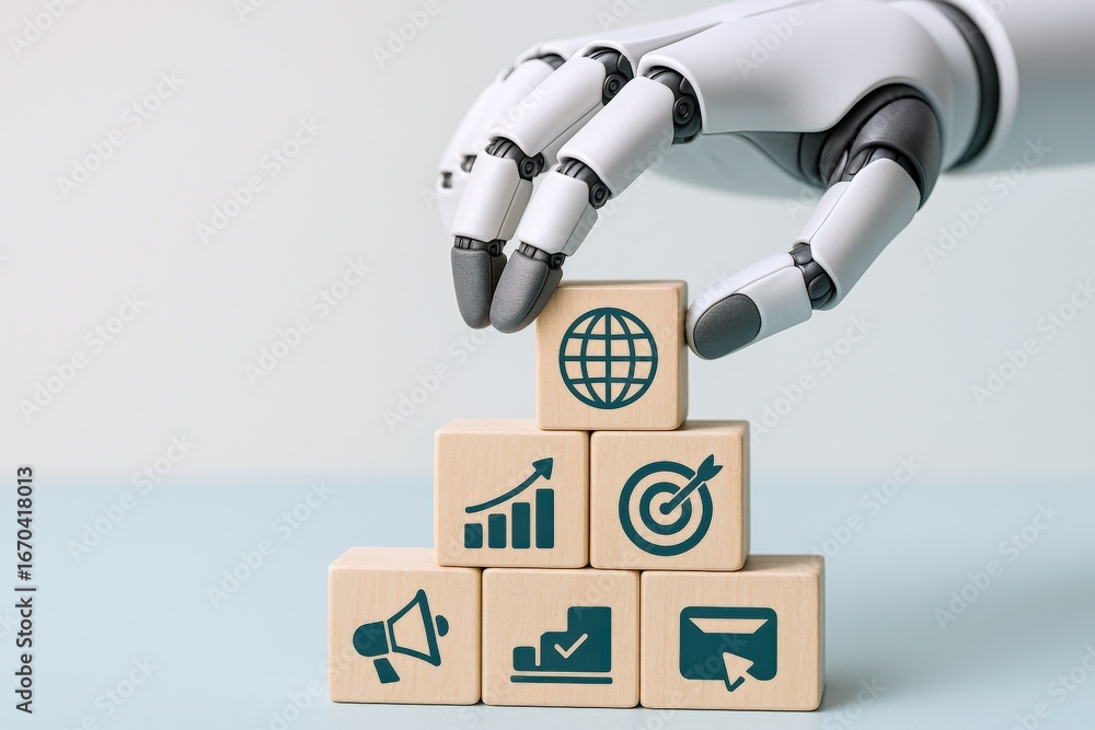 Poster artificial intelligence automates business growth: robot hand stacking blocks with seo, targeting, a