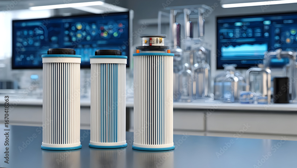 Poster high-quality laboratory environment showcasing three advanced filtration cartridges, essential for p