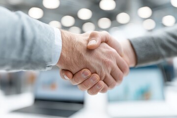 Obraz premium Business handshake between two professionals in a modern office environment