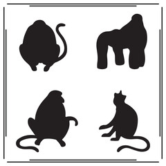Monkey and Gorilla Silhouettes Set - Four Different Black Monkey and Gorilla Shapes in Vector Illustrations for Wildlife, Animals, and Nature Designs